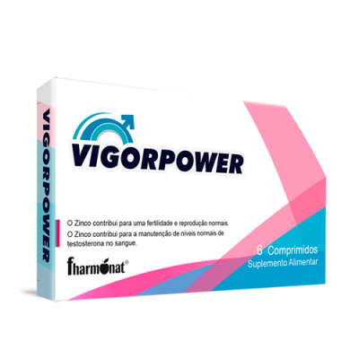 Embalagem do suplemento alimentar VIGORPOWER com design branco, azul e rosa
