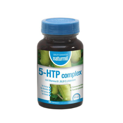 Frasco de suplemento 5-HTP complex da naturmil com tampa azul e etiqueta colorida