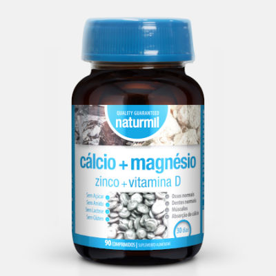 Frasco de suplemento alimentar Naturmil cálcio, magnésio, zinco e vitamina D com tampa azul
