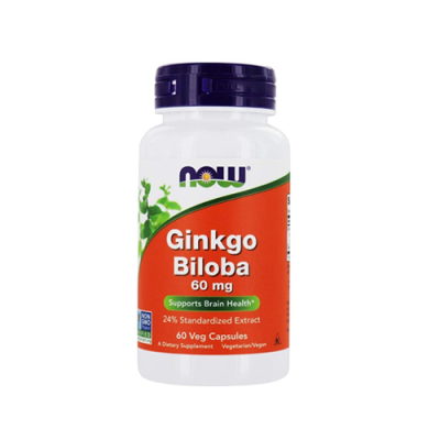 Frasco de suplemento NOW Ginkgo Biloba 60 mg com rótulo laranja e tampa roxa