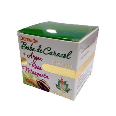 Caixa de creme branca e verde com texto colorido e desenho de planta