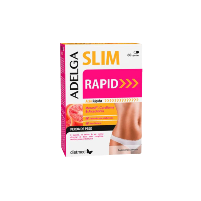 Embalagem suplemento alimentar Adelga Slim Rapid com texto e imagem de barriga feminina
