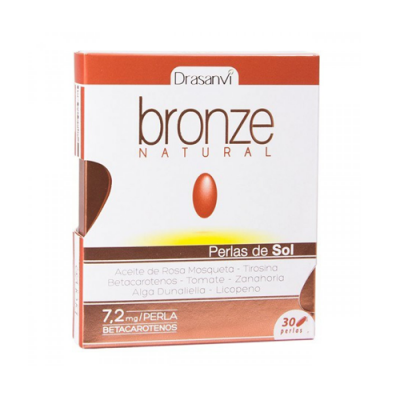 Embalagem do produto Bronze Natural da Drasanvi com 30 pérolas e betacarotenos
