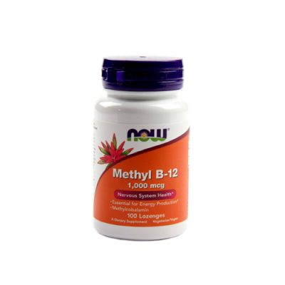 Frasco de suplemento NOW Methyl B-12 com rótulo laranja e branco