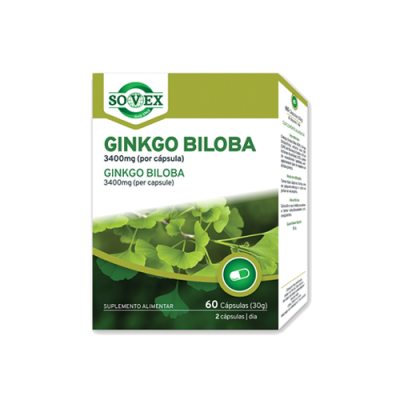 Caixa de suplemento Ginkgo Biloba da marca SOVEX com folhas verdes e texto informativo.