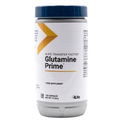 frasco de suplemento alimentar Glutamine Prime 4Life, branco com tampa azul