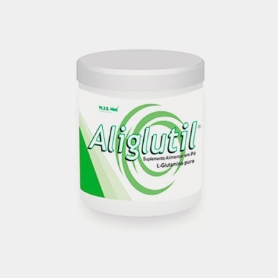 Frasco branco do suplemento Aliglutil com texto e design verde