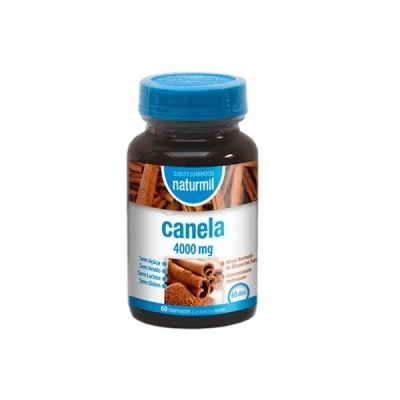 Frasco de suplemento de canela 4000 mg Naturmil com tampa azul e rótulo branco e azul