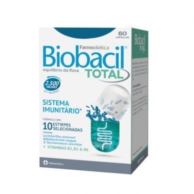 Embalagem branca e azul de Biobacil Total com 60 cápsulas para sistema imunitário