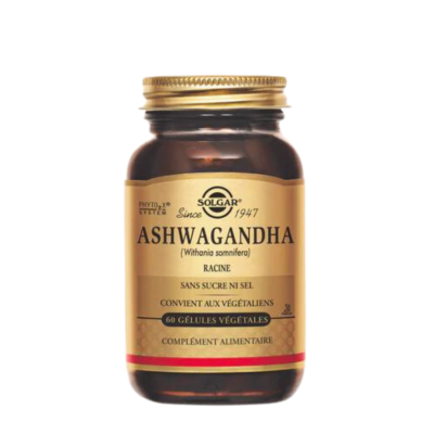 Frasco de suplemento Ashwagandha Solgar com rótulo dourado e tampa dourada