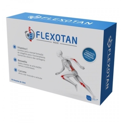 Embalagem do suplemento FLEXOTAN MOVE para articulações, fundo branco e azul, figura humana em movimento, texto em português.