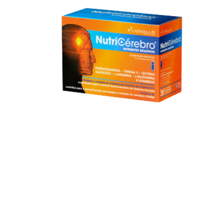 Embalagem NutriCérebro suplemento alimentar azul e laranja com imagem de cérebro