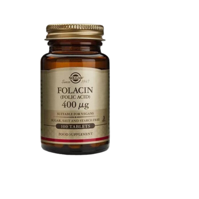 Frasco de suplemento alimentar Folacin 400 µg Solgar em vidro castanho com tampa dourada