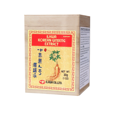 Embalagem caixa de extracto de ginseng coreano ILHWA amarela com texto vermelho e imagem de raiz de ginseng