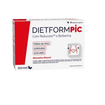 Embalagem de suplemento alimentar DIETFORM PIC, branco com vermelho, texto e ícones