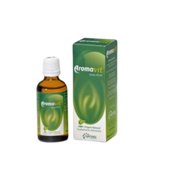 Frasco de vidro âmbar e caixa verde do produto Aromavit gotas