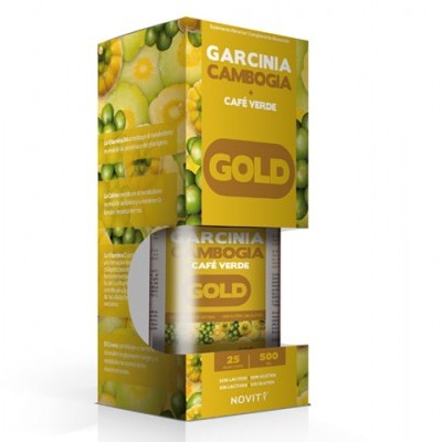 Embalagem de suplemento Garcinia Cambogia Café Verde Gold com frasco visível