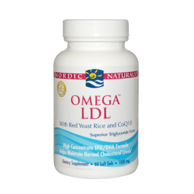 Frasco branco de suplemento Omega LDL da Nordic Naturals