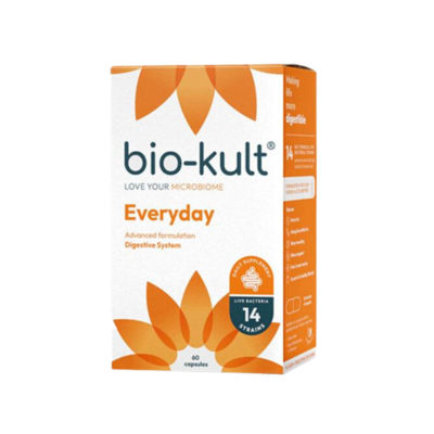 caixa de suplemento alimentar bio-kult everyday com design branco e laranja