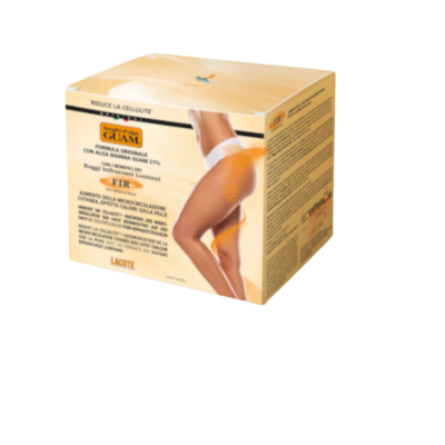 Embalagem de creme anticelulite GUAM com fórmula original e imagem de pernas femininas