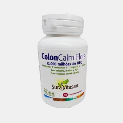 Frasco branco de suplemento alimentar ColonCalm Flora da SuraVitasan
