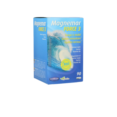 Embalagem azul do suplemento Magnemar FORCE 3 para energia e vitalidade com 90 cápsulas