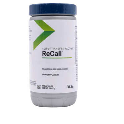 Frasco branco de suplemento alimentar 4Life Transfer Factor ReCall com tampa azul