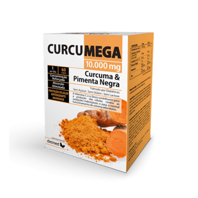 Embalagem de suplemento CURCUMEGA 10.000 mg com curcuma e pimenta negra, 60 cápsulas