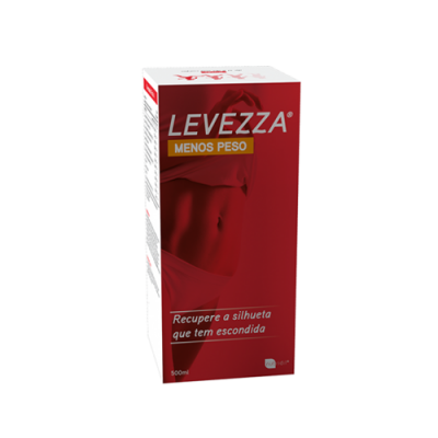 Caixa vermelha de produto LEVEZZA MENOS PESO com silhueta humana e texto promocional