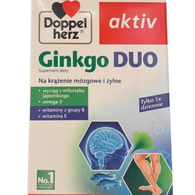 Embalagem do suplemento Doppel herz aktiv Ginkgo DUO com textos e imagens de cérebro, peixe e pernas