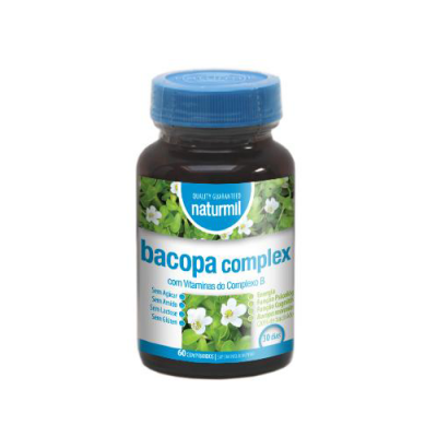 Frasco de suplemento Naturmil Bacopa complex com tampão azul e rótulo branco e verde