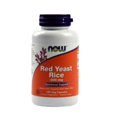 Frasco branco com cápsulas vegetais NOW Red Yeast Rice 600 mg