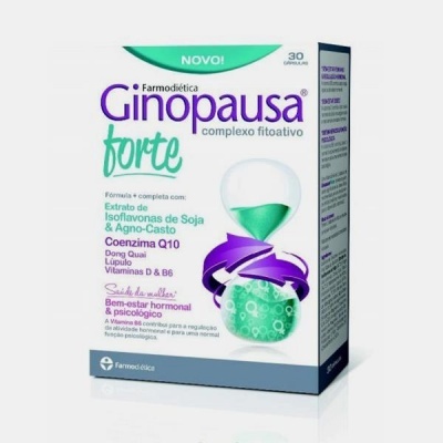 Caixa de suplemento Ginopausa forte com 30 cápsulas, design branco com verde e roxo.