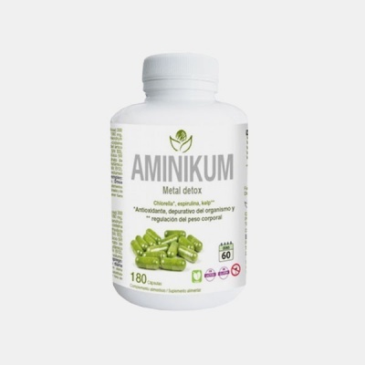 Frasco branco de suplemento AMINIKUM Metal detox com cápsulas verdes na etiqueta