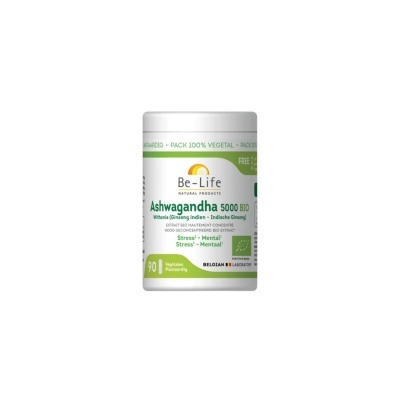 Suplemento Ashwagandha 5000 BIO da Be-Life em frasco branco com tampa