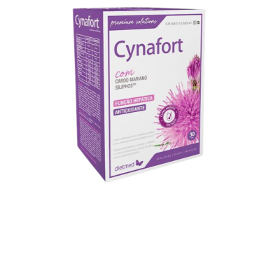 Caixa roxa e branca de suplemento alimentar Cynafort com imagem de flor roxa