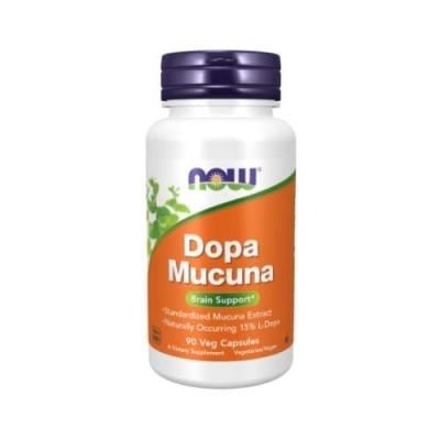Frasco de suplemento NOW Dopa Mucuna com cápsulas vegetais e etiqueta laranja