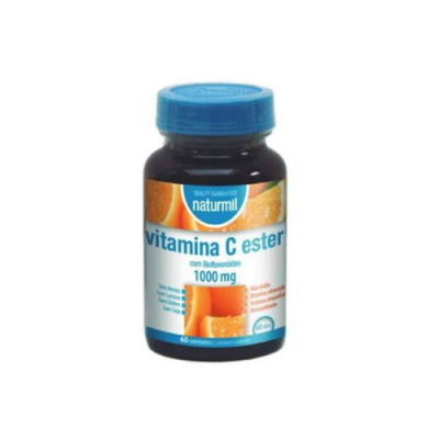 Frasco de suplemento Vitamina C Ester naturmil 1000 mg com tampa azul