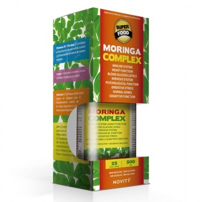 Embalagem cartonada colorida e frasco branco do suplemento Moringa Complex da Novity