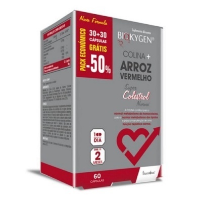 Embalagem de suplemento BIOKYGEN Colina + Arroz Vermelho para colesterol, 60 cápsulas, pack económico