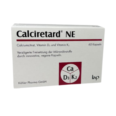 Caixa branca de suplemento Calciretard NE com texto e gráficos em vermelho e preto