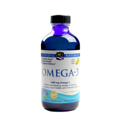 Frasco azul de suplemento Omega-3 da Nordic Naturals