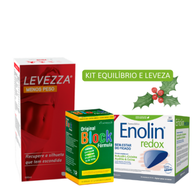 Conjunto de três produtos de saúde Levezza, Original Block e Enolin Redox em embalagens distintas