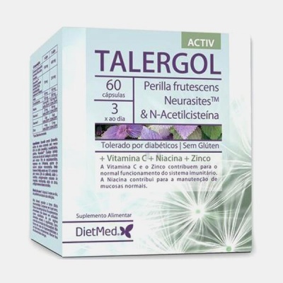 Embalagem de suplemento TALERGOL DietMed com informações de ingredientes e benefícios