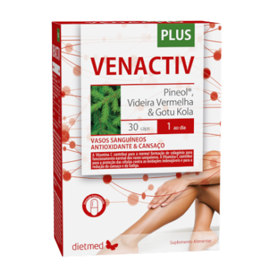 Embalagem do suplemento alimentar VENACTIV PLUS com plantas e pernas no fundo