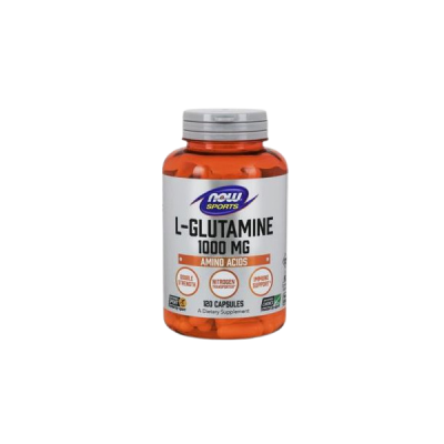 Frasco de suplemento L-Glutamine 1000 MG da NOW Sports com cápsulas alaranjadas