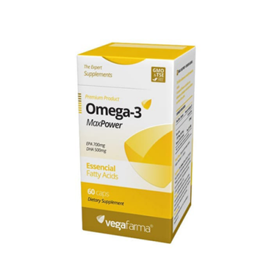 Embalagem de suplemento Omega-3 MaxPower vegafarma, branca e amarela