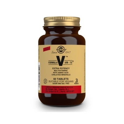 Frasco de multivitaminas Solaray Formula VM-75, 60 comprimidos, rótulo amarelo e vermelho