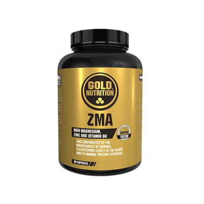 Frasco preto e dourado do suplemento Gold Nutrition ZMA com texto em inglês