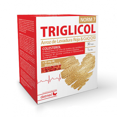 Embalagem branca e vermelha com suplemento TRIGLICOL NORM 7 para colesterol, contendo 30 cápsulas